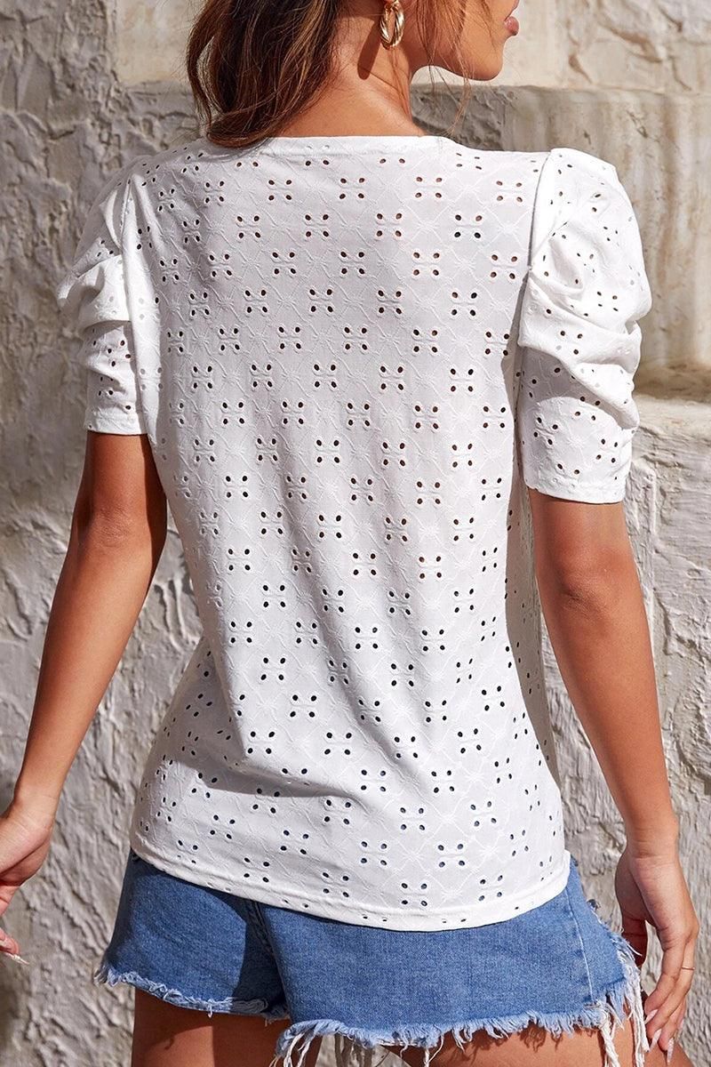 PUFF SHOULDER ROUND NECK SHORT CASUAL TOP - Doublju