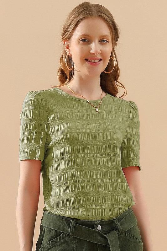 PUFF SHOULDER SHORT SLEEVE CASUAL TOP - Doublju