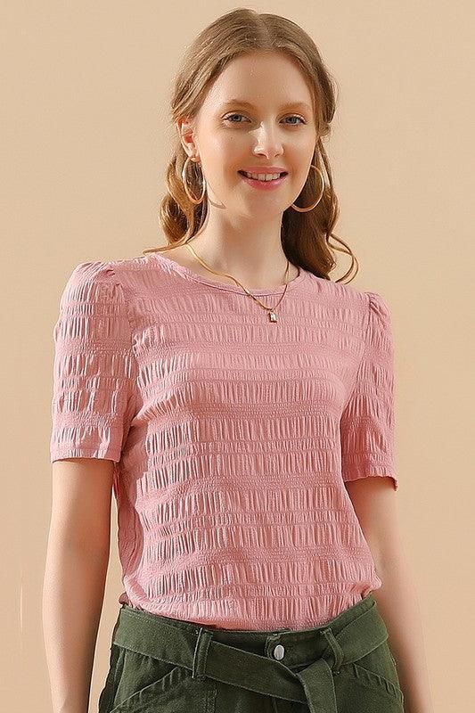 PUFF SHOULDER SHORT SLEEVE CASUAL TOP - Doublju