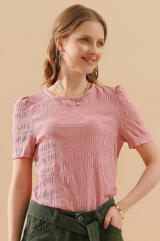 PUFF SHOULDER SHORT SLEEVE CASUAL TOP - Doublju