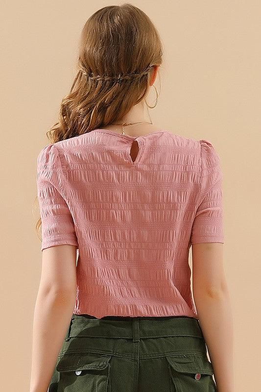PUFF SHOULDER SHORT SLEEVE CASUAL TOP - Doublju