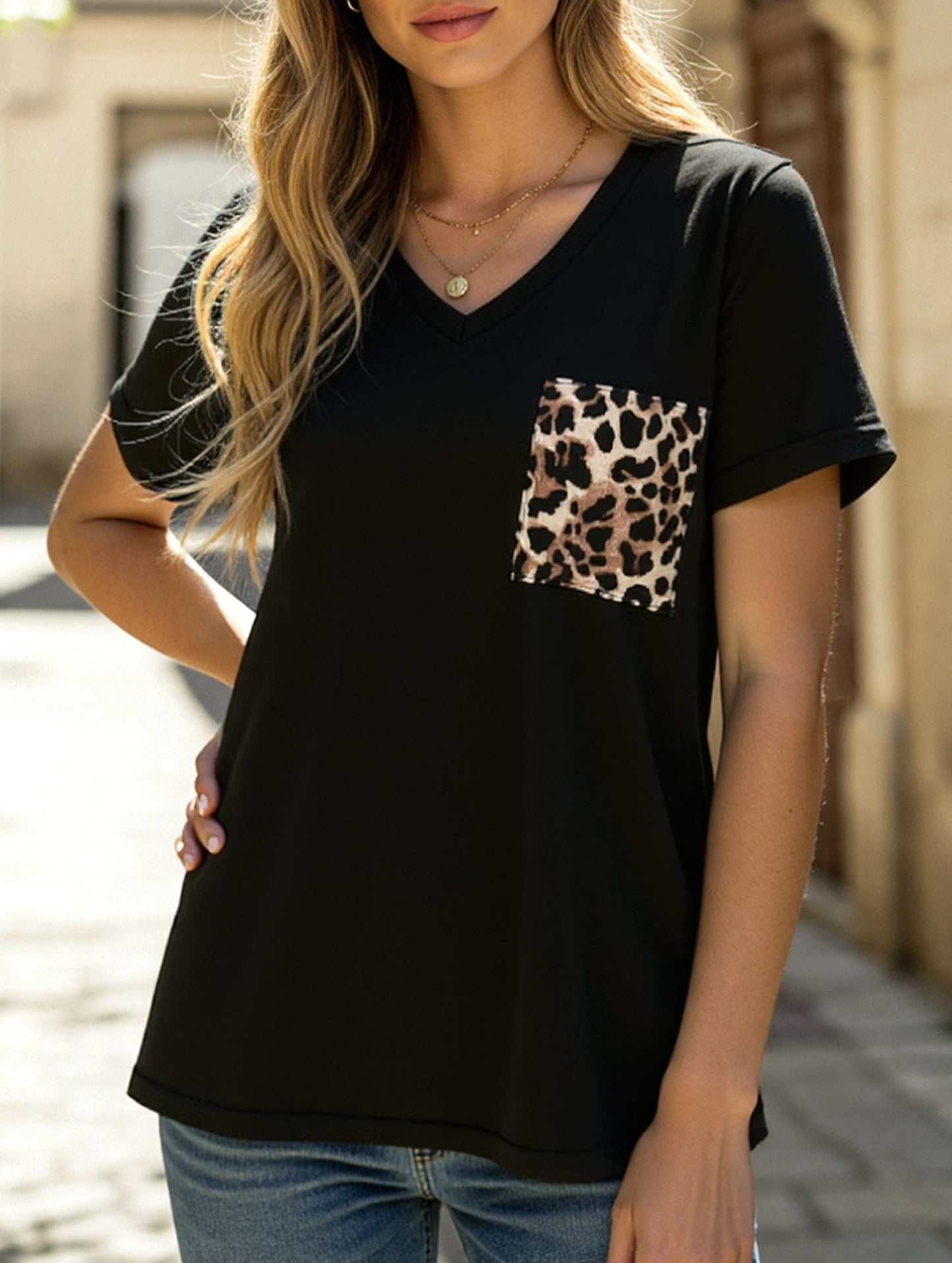 LEOPARD PATTERN BLOCKED CASUAL TOP