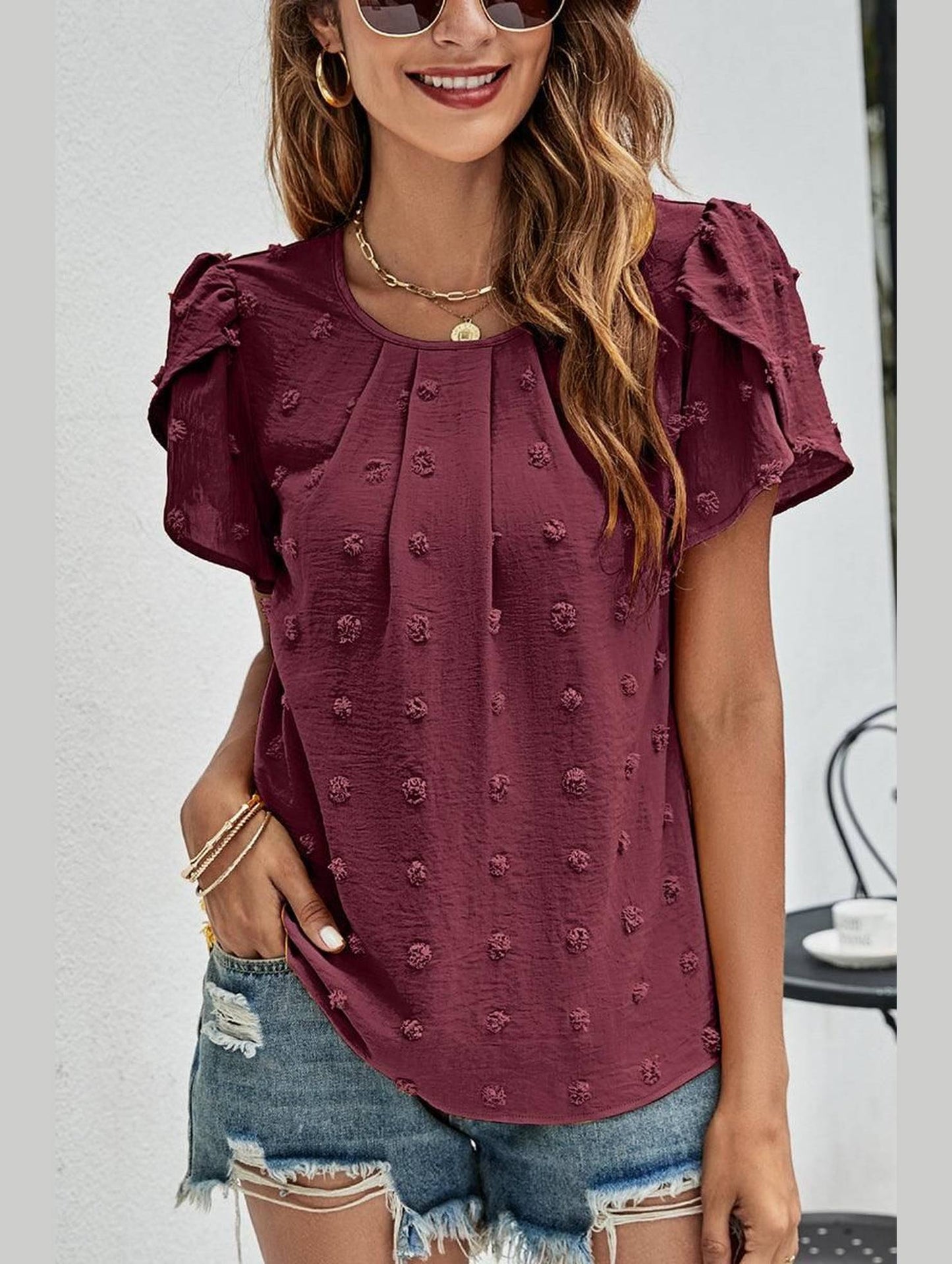 PUFF SLEEVE CASUAL TOP - Doublju