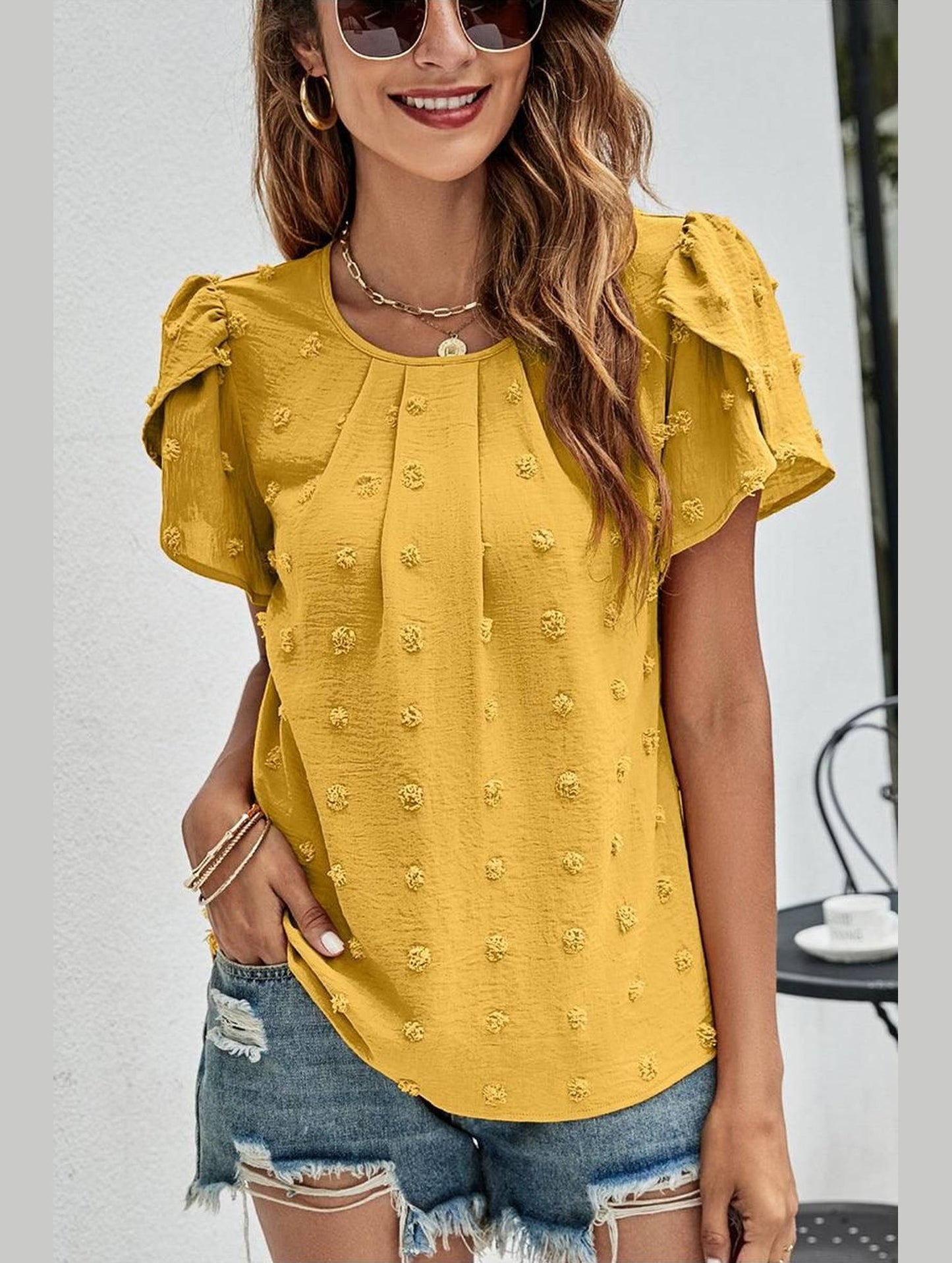 PUFF SLEEVE CASUAL TOP - Doublju