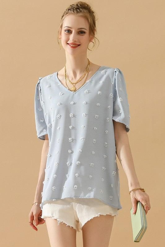 PUFF SLEEVE DEEP NECK CASUAL TOP - Doublju