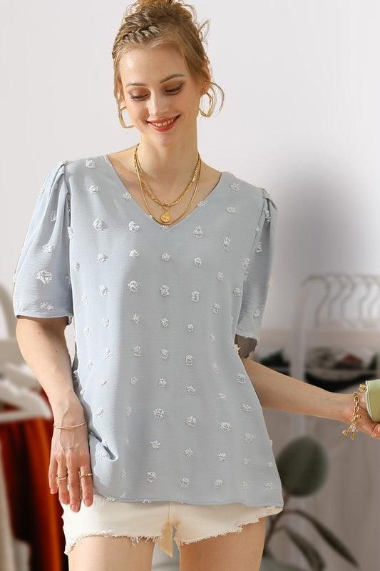 PUFF SLEEVE DEEP NECK CASUAL TOP - Doublju