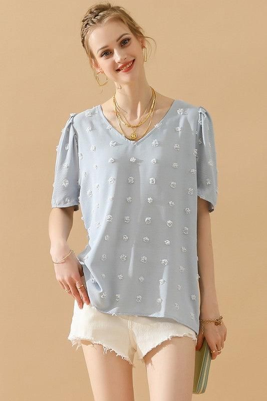 PUFF SLEEVE DEEP NECK CASUAL TOP - Doublju