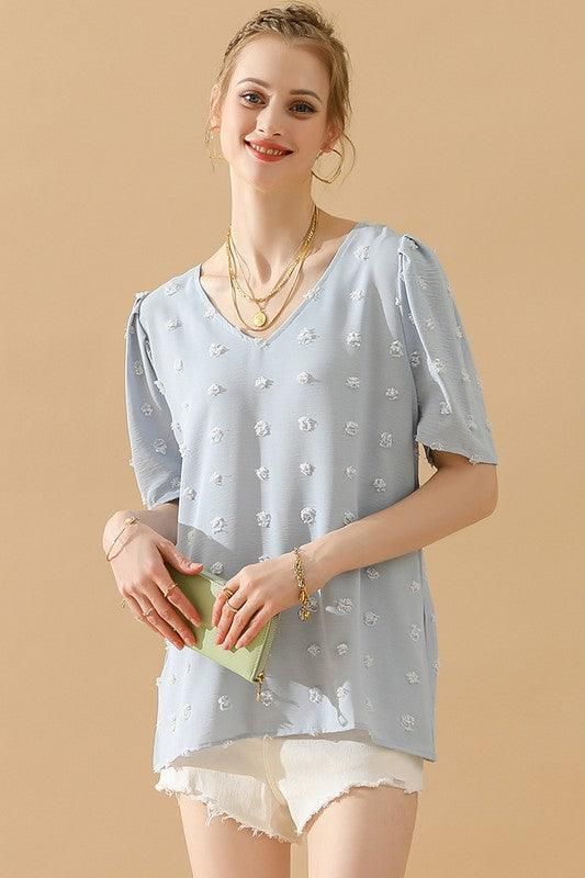 PUFF SLEEVE DEEP NECK CASUAL TOP - Doublju