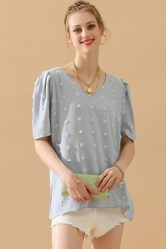 PUFF SLEEVE DEEP NECK CASUAL TOP - Doublju