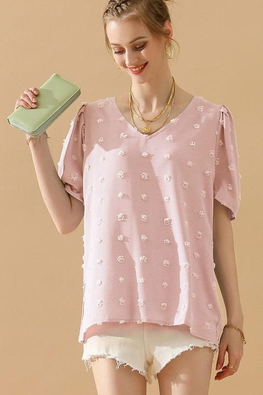 PUFF SLEEVE DEEP NECK CASUAL TOP - Doublju