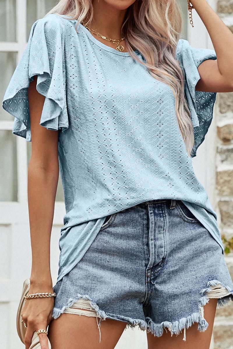 LEAF SLEEVE HOLLOW CASUAL TOP - Doublju
