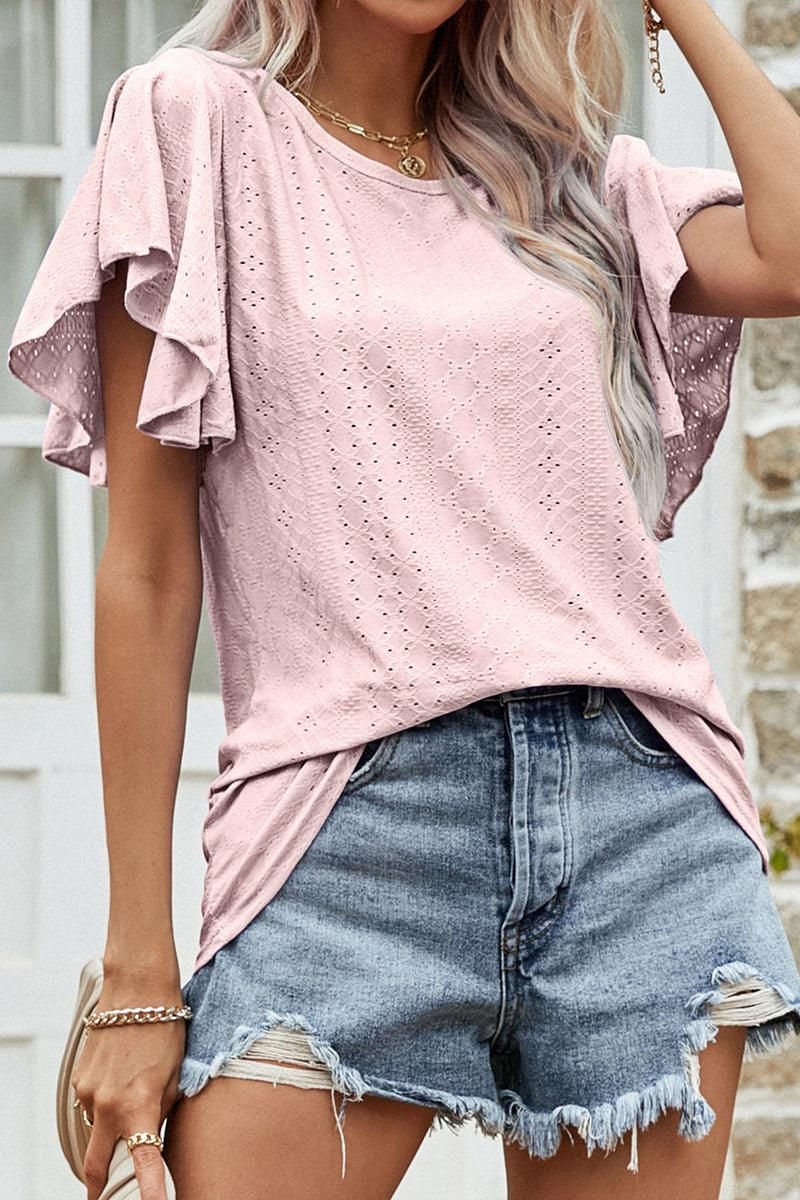 LEAF SLEEVE HOLLOW CASUAL TOP - Doublju