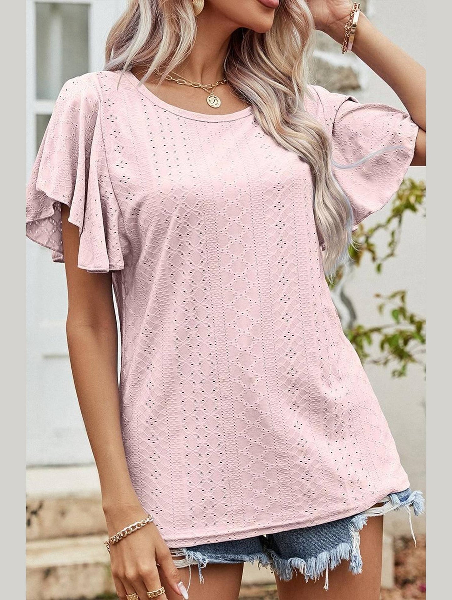 LEAF SLEEVE HOLLOW CASUAL TOP - Doublju