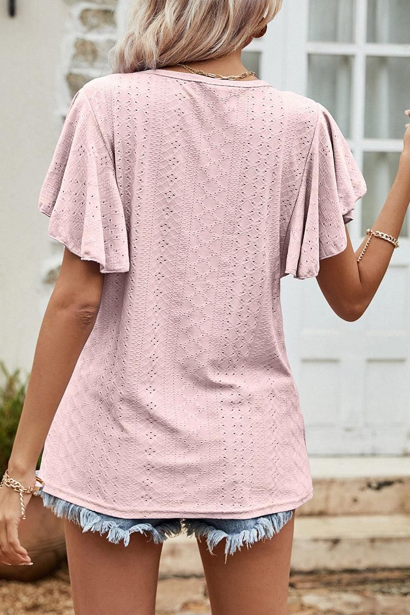 LEAF SLEEVE HOLLOW CASUAL TOP - Doublju