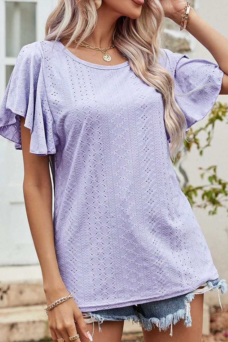 LEAF SLEEVE HOLLOW CASUAL TOP - Doublju