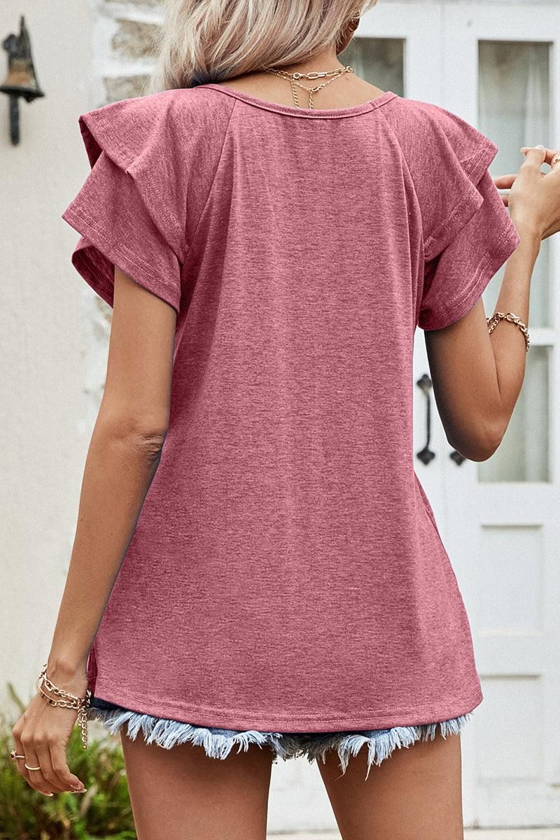 RUFFLED SHORT SLEEVE CASUAL TUNIC TOP - Doublju