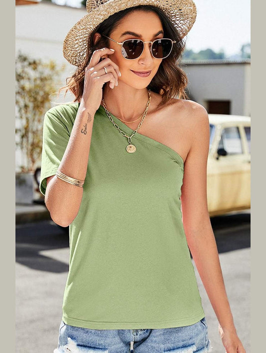 HALF OFF SHOLDER ONE SLEEVE CASUAL TOP - Doublju