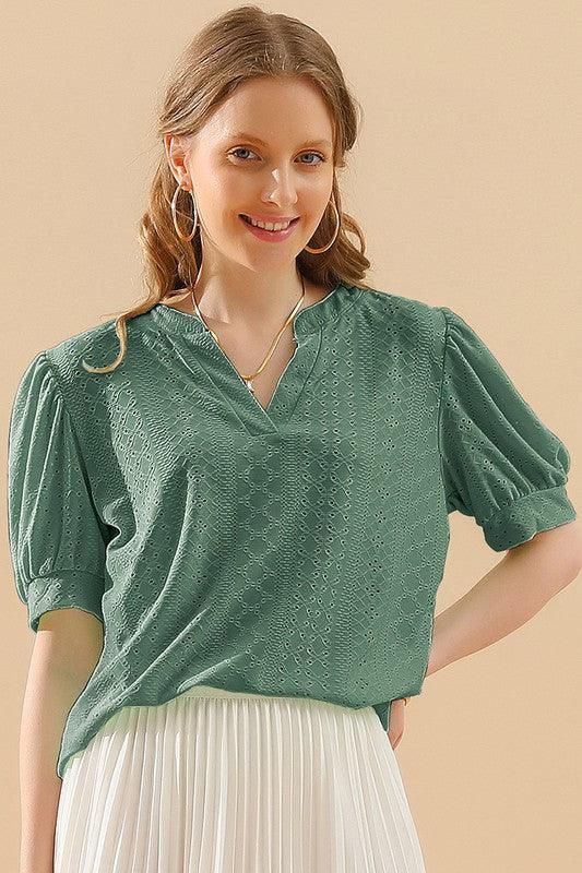 PUNCHING LACE V NECK PUFF SHORT SLEEVE BLOUSE - Doublju