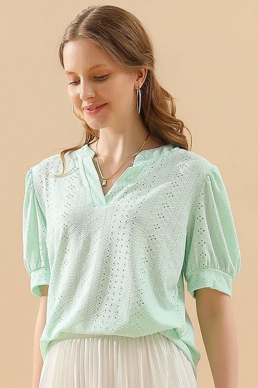 PUNCHING LACE V NECK PUFF SHORT SLEEVE BLOUSE - Doublju
