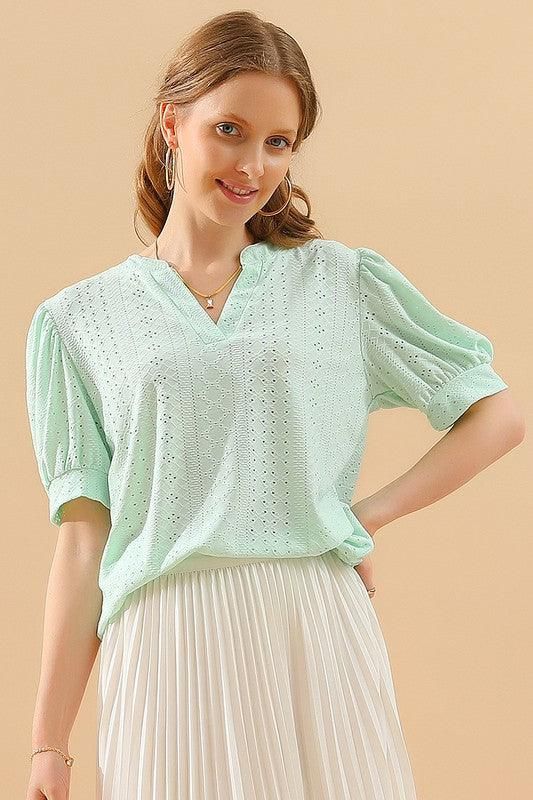 PUNCHING LACE V NECK PUFF SHORT SLEEVE BLOUSE - Doublju