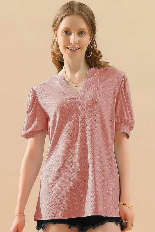 PUNCHING LACE V NECK PUFF SHORT SLEEVE BLOUSE - Doublju