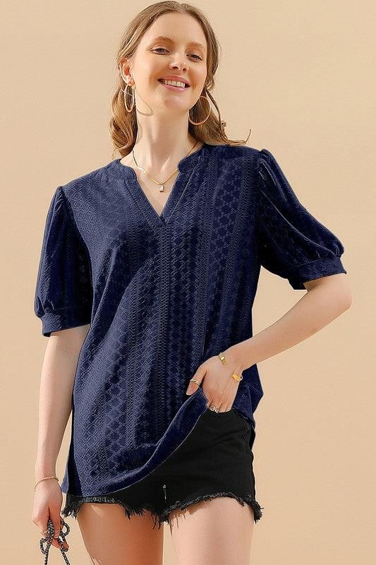 PUNCHING LACE V NECK PUFF SHORT SLEEVE BLOUSE - Doublju