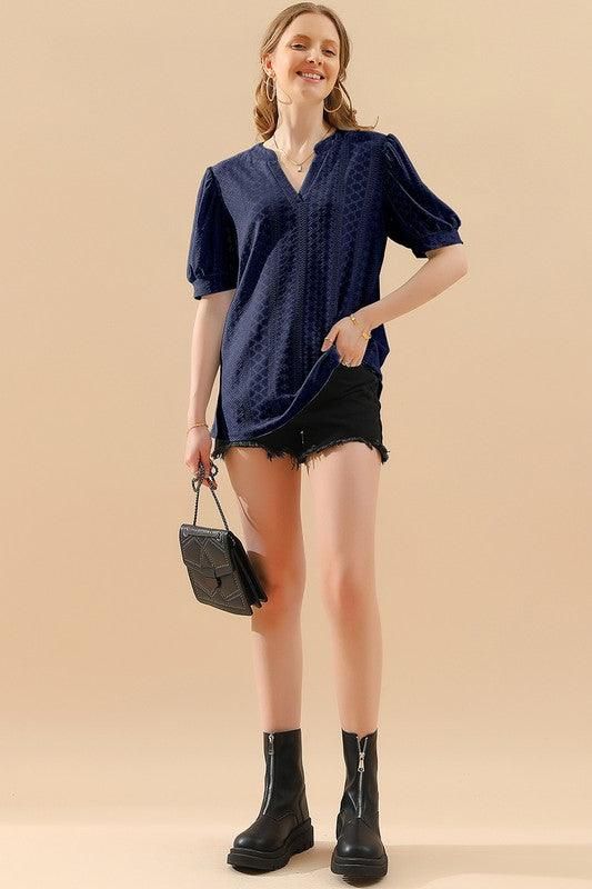 PUNCHING LACE V NECK PUFF SHORT SLEEVE BLOUSE - Doublju