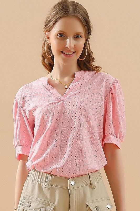 PUNCHING LACE V NECK PUFF SHORT SLEEVE BLOUSE - Doublju