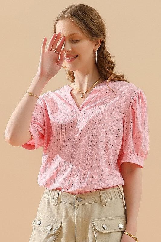 PUNCHING LACE V NECK PUFF SHORT SLEEVE BLOUSE - Doublju