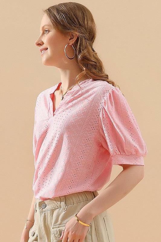 PUNCHING LACE V NECK PUFF SHORT SLEEVE BLOUSE - Doublju
