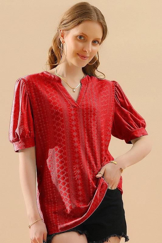PUNCHING LACE V NECK PUFF SHORT SLEEVE BLOUSE - Doublju