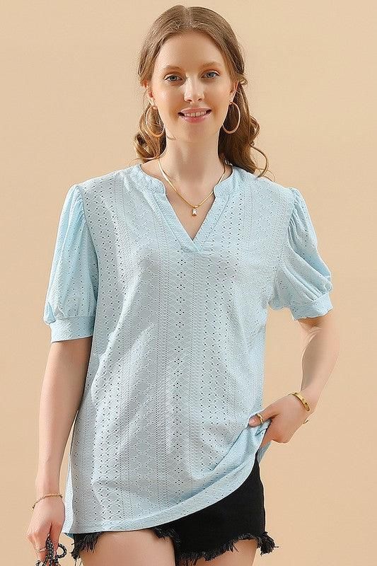 PUNCHING LACE V NECK PUFF SHORT SLEEVE BLOUSE - Doublju
