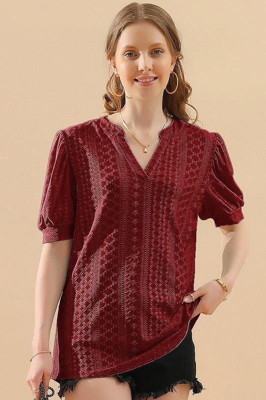 PUNCHING LACE V NECK PUFF SHORT SLEEVE BLOUSE - Doublju
