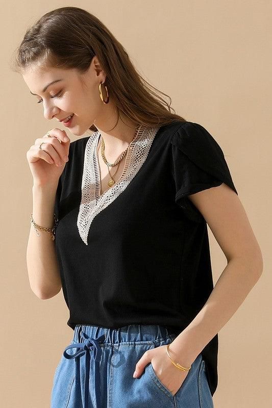 GOLD LACE V NECK RUFFLE SHORT SLEEVE TOP - Doublju