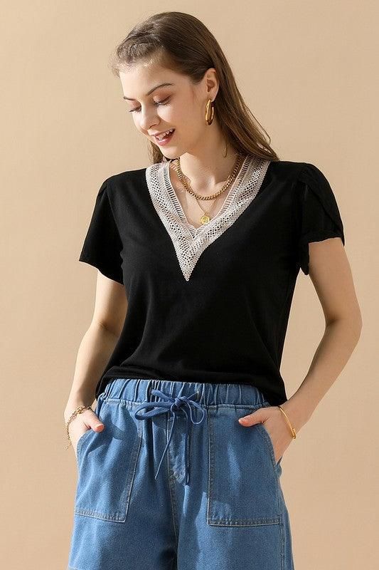 GOLD LACE V NECK RUFFLE SHORT SLEEVE TOP - Doublju