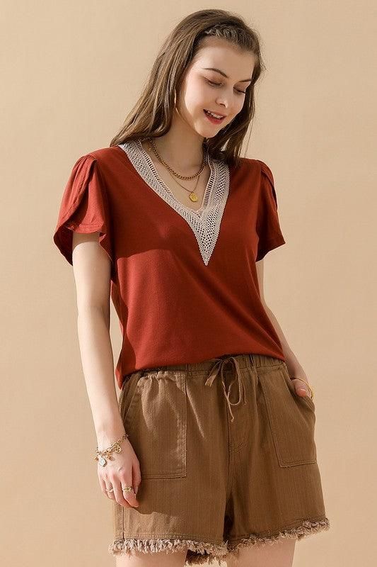 GOLD LACE V NECK RUFFLE SHORT SLEEVE TOP - Doublju