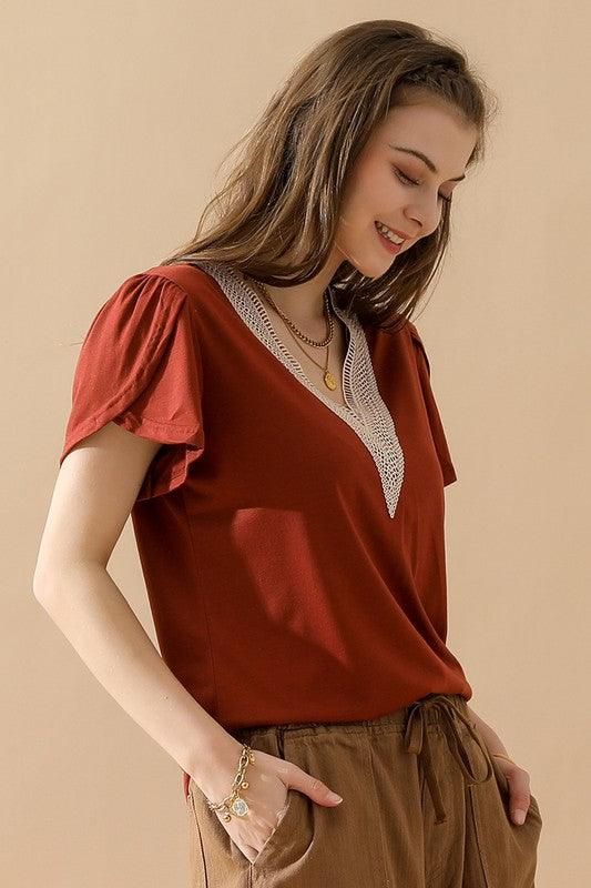 GOLD LACE V NECK RUFFLE SHORT SLEEVE TOP - Doublju