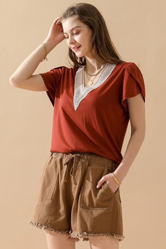GOLD LACE V NECK RUFFLE SHORT SLEEVE TOP - Doublju