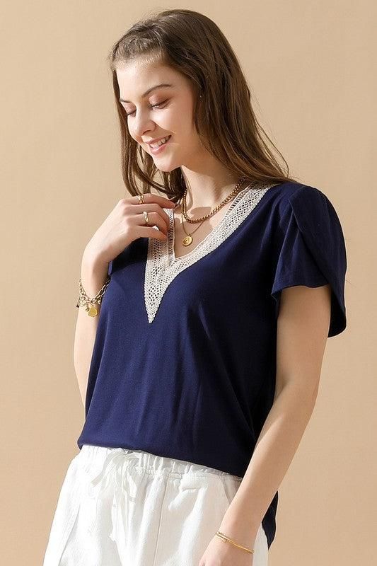 GOLD LACE V NECK RUFFLE SHORT SLEEVE TOP - Doublju