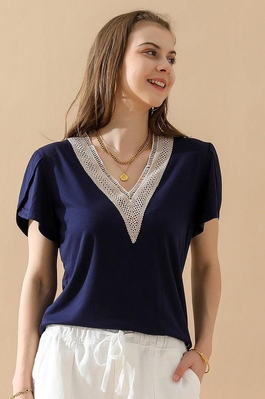 GOLD LACE V NECK RUFFLE SHORT SLEEVE TOP - Doublju