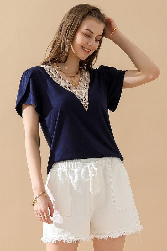 GOLD LACE V NECK RUFFLE SHORT SLEEVE TOP - Doublju