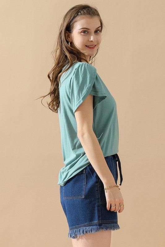 GOLD LACE V NECK RUFFLE SHORT SLEEVE TOP - Doublju