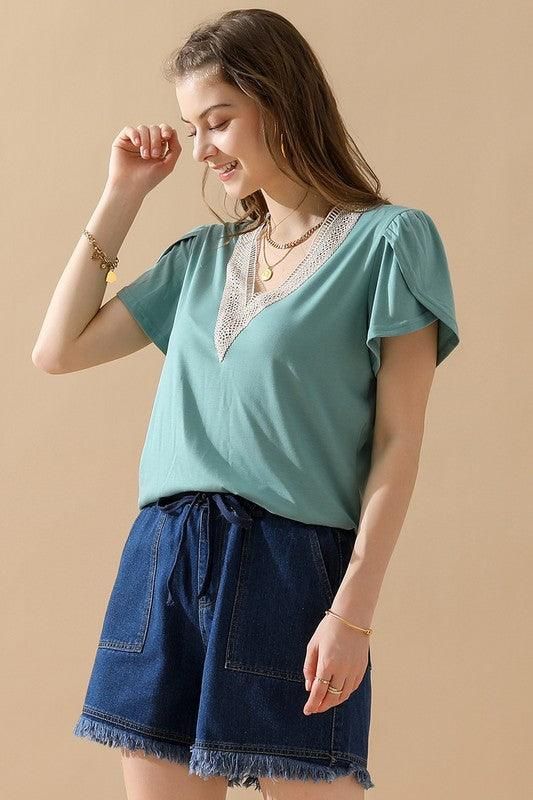 GOLD LACE V NECK RUFFLE SHORT SLEEVE TOP - Doublju