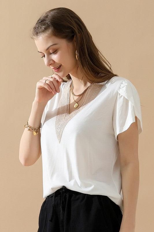 GOLD LACE V NECK RUFFLE SHORT SLEEVE TOP - Doublju