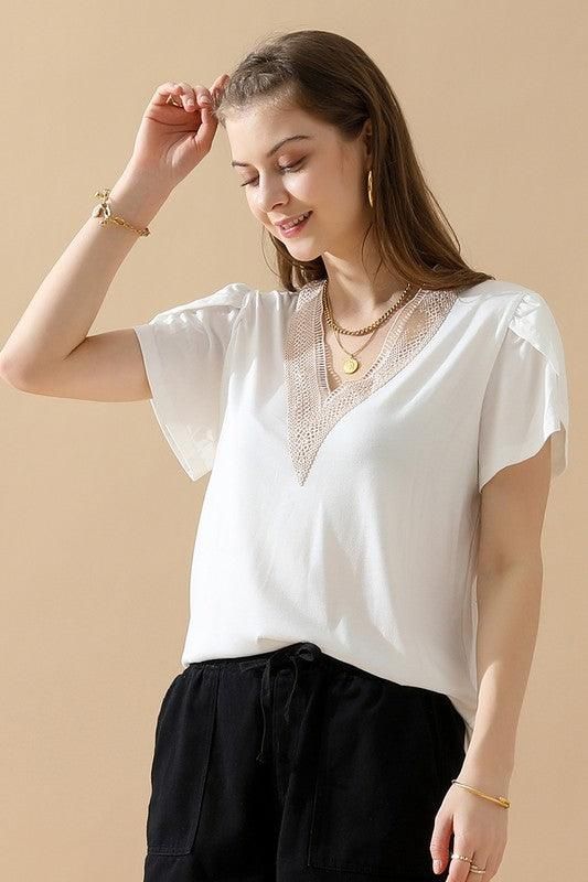 GOLD LACE V NECK RUFFLE SHORT SLEEVE TOP - Doublju