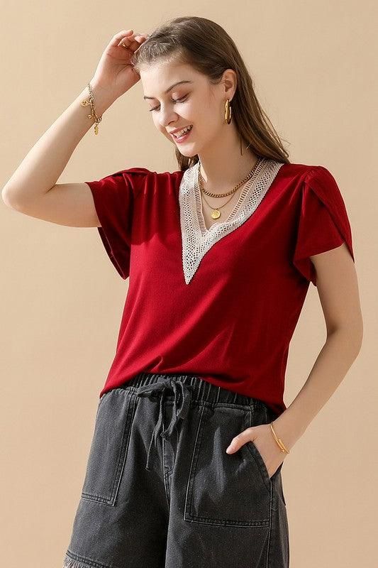 GOLD LACE V NECK RUFFLE SHORT SLEEVE TOP - Doublju