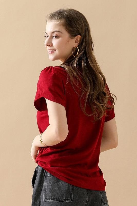 GOLD LACE V NECK RUFFLE SHORT SLEEVE TOP - Doublju