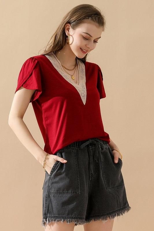 GOLD LACE V NECK RUFFLE SHORT SLEEVE TOP - Doublju