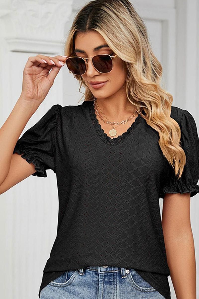 PUNCHING LACE PUFF SHORT SLEEVE TOP - Doublju