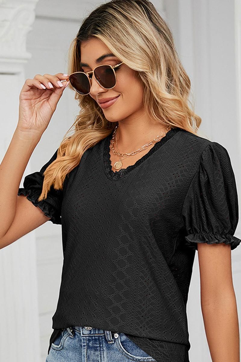PUNCHING LACE PUFF SHORT SLEEVE TOP - Doublju